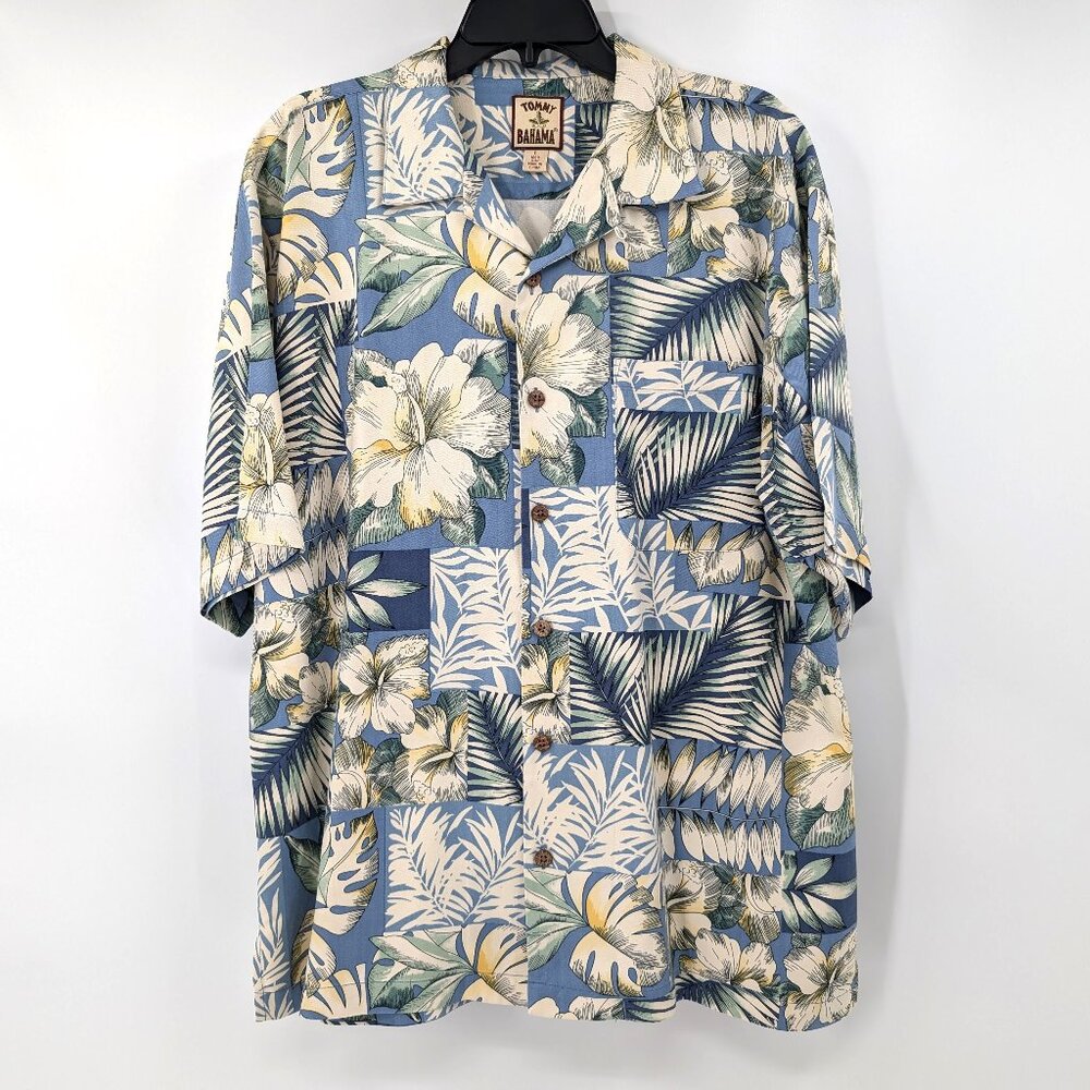 TOMMY BAHAMA Shirt Men's L‎ Multicolor Floral Leaf Silk Hawaiian Loop Collar